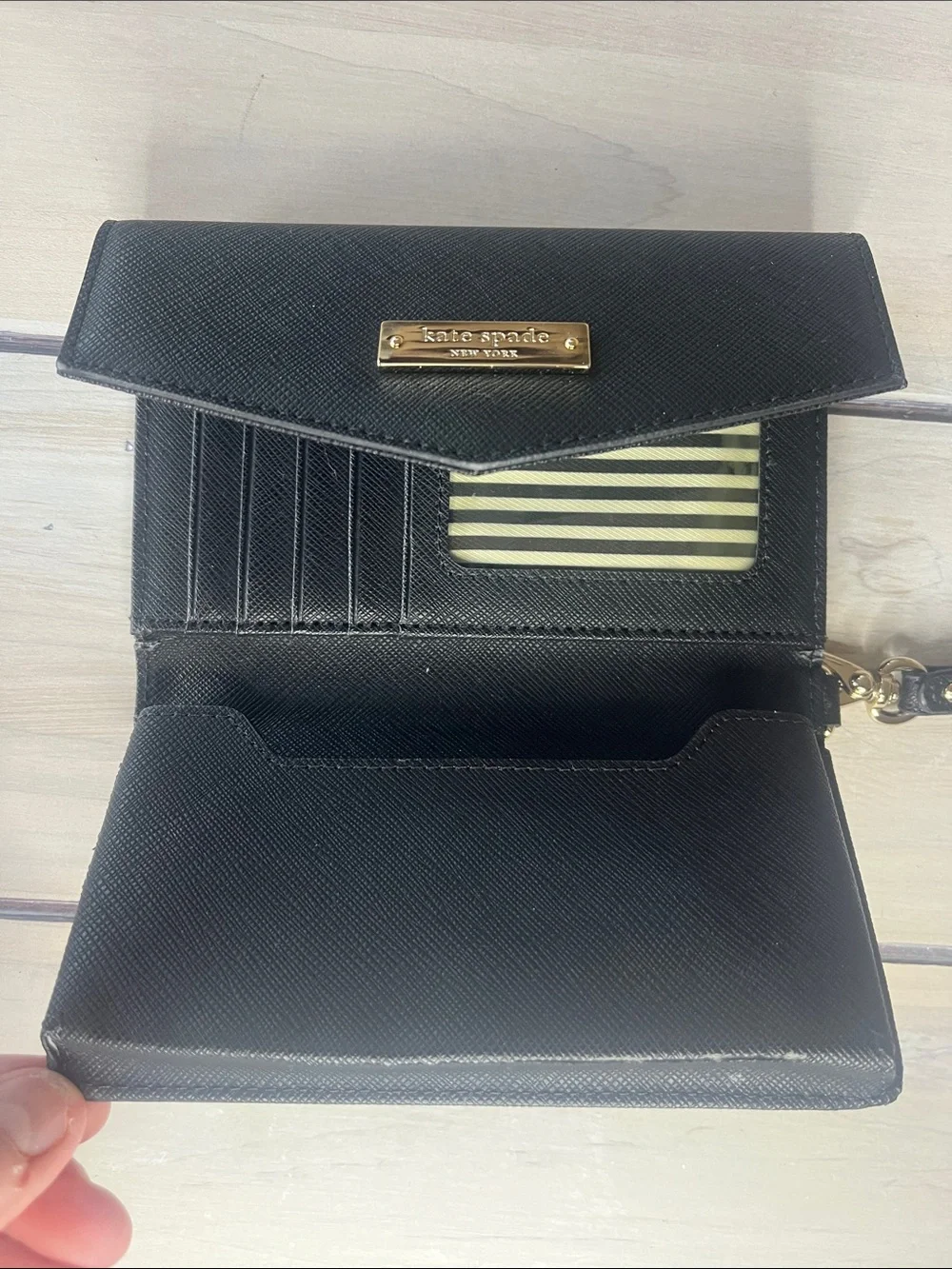 kate spade Black Saffiano Wristlet Clutch with Gold Plaque
